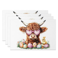 Aperturee - Aperturee Easter Highland Cow Set of 4 Placemats Cute Chick Colorful Eggs Table Mats Spring Holiday Kitchen Table Decoration