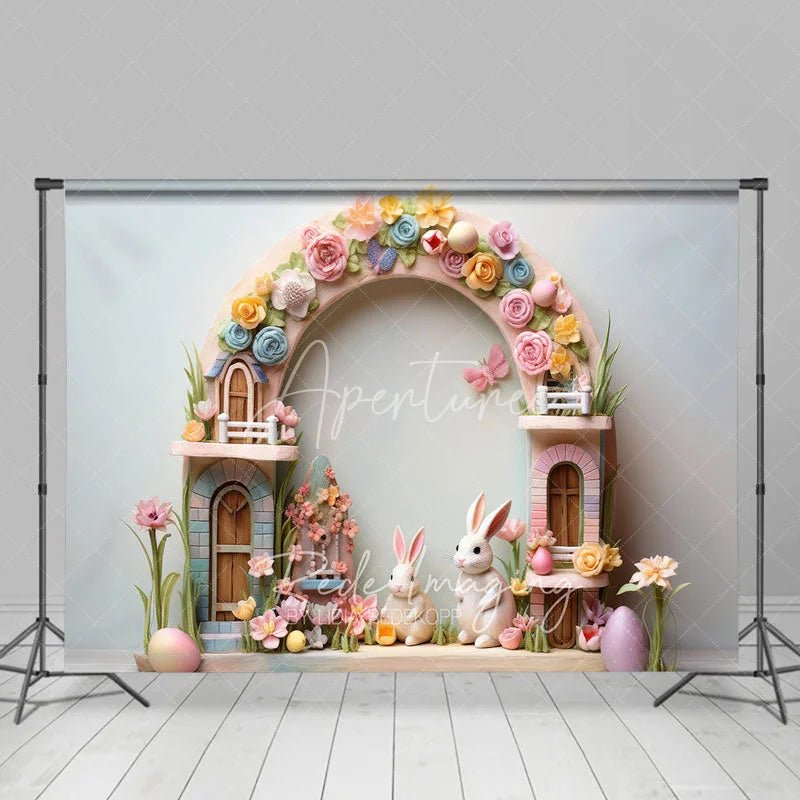 Aperturee - Aperturee Easter Pastel House Backdrop Colorful Spring Flowers White Bunnies and Eggs Photography Background for Kids