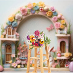 Aperturee - Aperturee Easter Pastel House Backdrop Colorful Spring Flowers White Bunnies and Eggs Photography Background for Kids