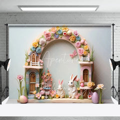 Aperturee - Aperturee Easter Pastel House Backdrop Colorful Spring Flowers White Bunnies and Eggs Photography Background for Kids