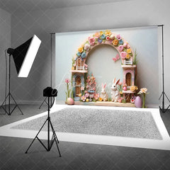 Aperturee - Aperturee Easter Pastel House Backdrop Colorful Spring Flowers White Bunnies and Eggs Photography Background for Kids