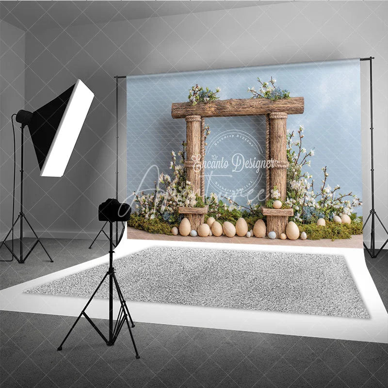 Aperturee - Aperturee Easter Photography Backdrop Rustic Wooden Frame with White Flowers and Eggs Spring Portrait Background