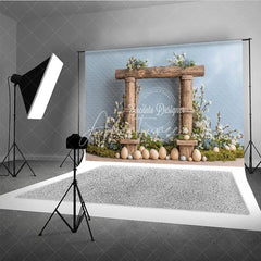 Aperturee - Aperturee Easter Photography Backdrop Rustic Wooden Frame with White Flowers and Eggs Spring Portrait Background