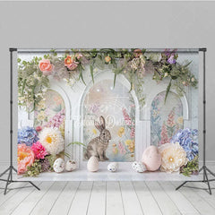 Aperturee - Aperturee Easter Rabbit Arched Window Backdrop Spring Floral Garland and Garden Party Decoration
