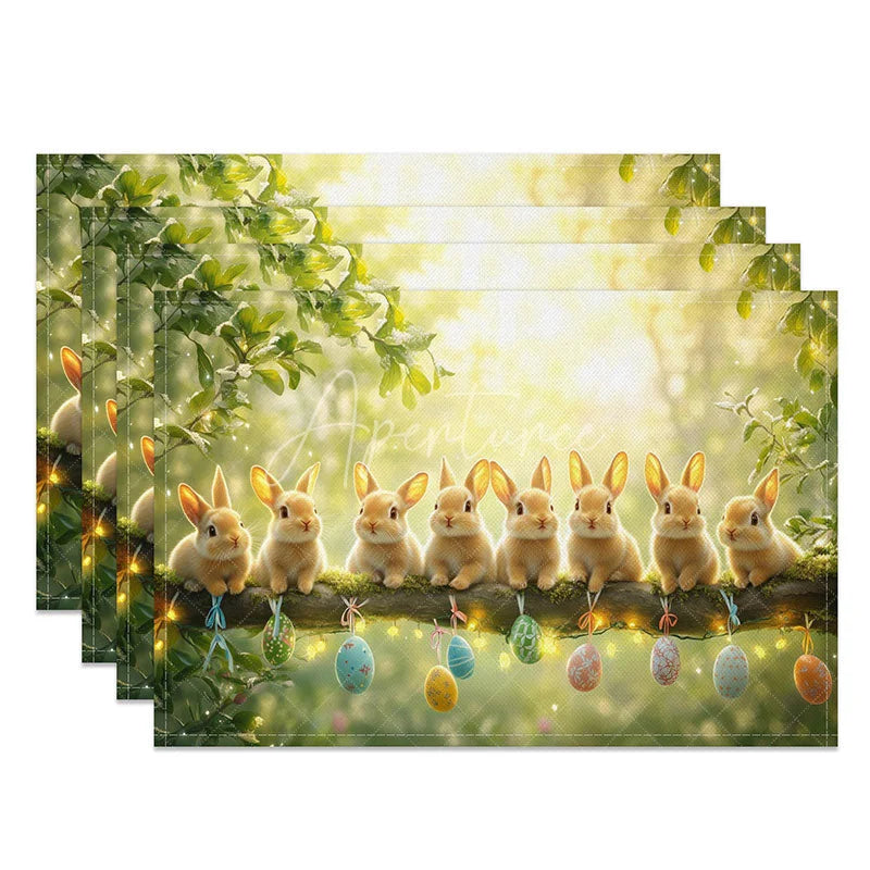 Aperturee - Aperturee Easter Rabbits on Branch Set of 4 Placemats Hanging Eggs Green Spring Holiday Table Mats Decor