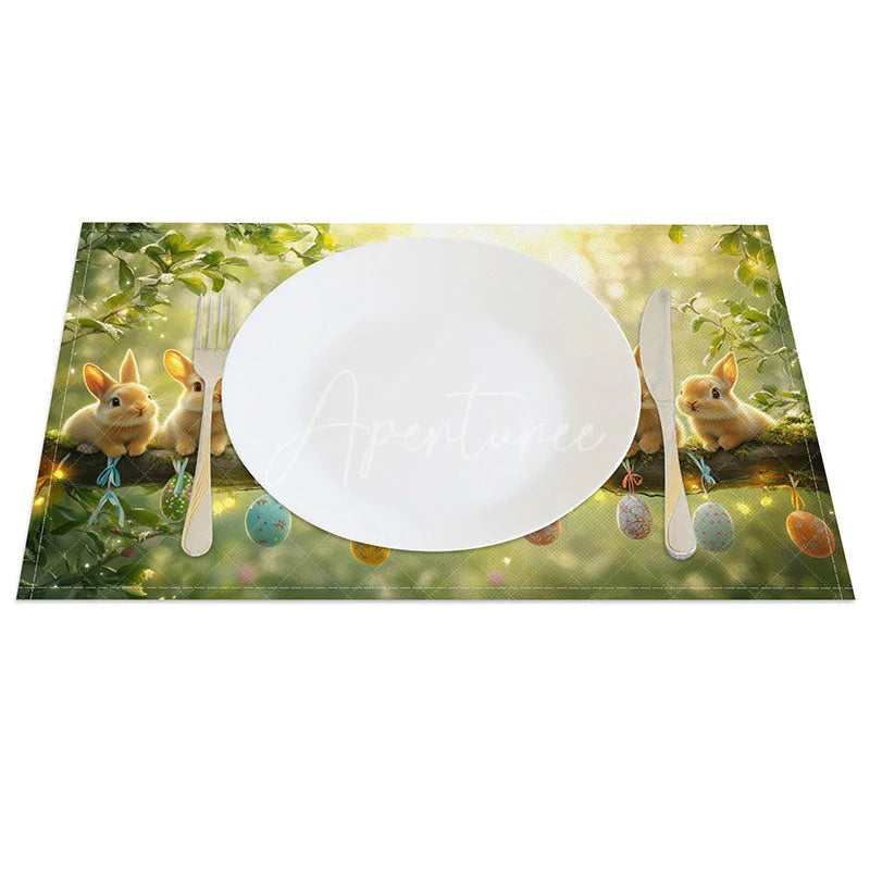 Aperturee - Aperturee Easter Rabbits on Branch Set of 4 Placemats Hanging Eggs Green Spring Holiday Table Mats Decor