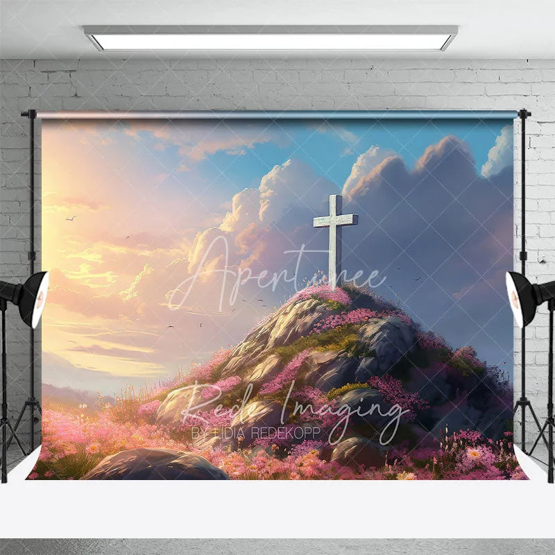 Aperturee - Aperturee Easter Religious Cross Backdrop Sunrise Sky and Pink Floral Rocky Hill Photography Background for Church Event