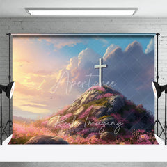Aperturee - Aperturee Easter Religious Cross Backdrop Sunrise Sky and Pink Floral Rocky Hill Photography Background for Church Event