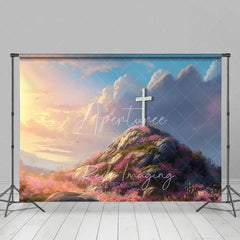 Aperturee - Aperturee Easter Religious Cross Backdrop Sunrise Sky and Pink Floral Rocky Hill Photography Background for Church Event