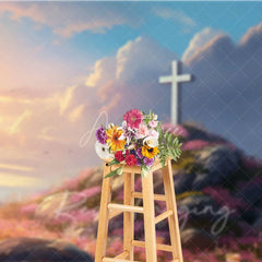 Aperturee - Aperturee Easter Religious Cross Backdrop Sunrise Sky and Pink Floral Rocky Hill Photography Background for Church Event