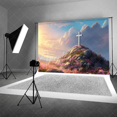 Aperturee - Aperturee Easter Religious Cross Backdrop Sunrise Sky and Pink Floral Rocky Hill Photography Background for Church Event