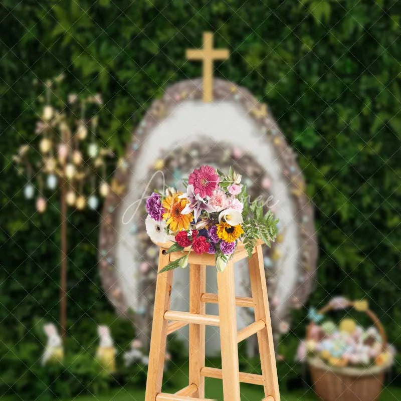 Aperturee - Aperturee Easter Resurrection Backdrop Cross Wooden Arch Greenery Background Spring Religious Christian Church Photography Prop