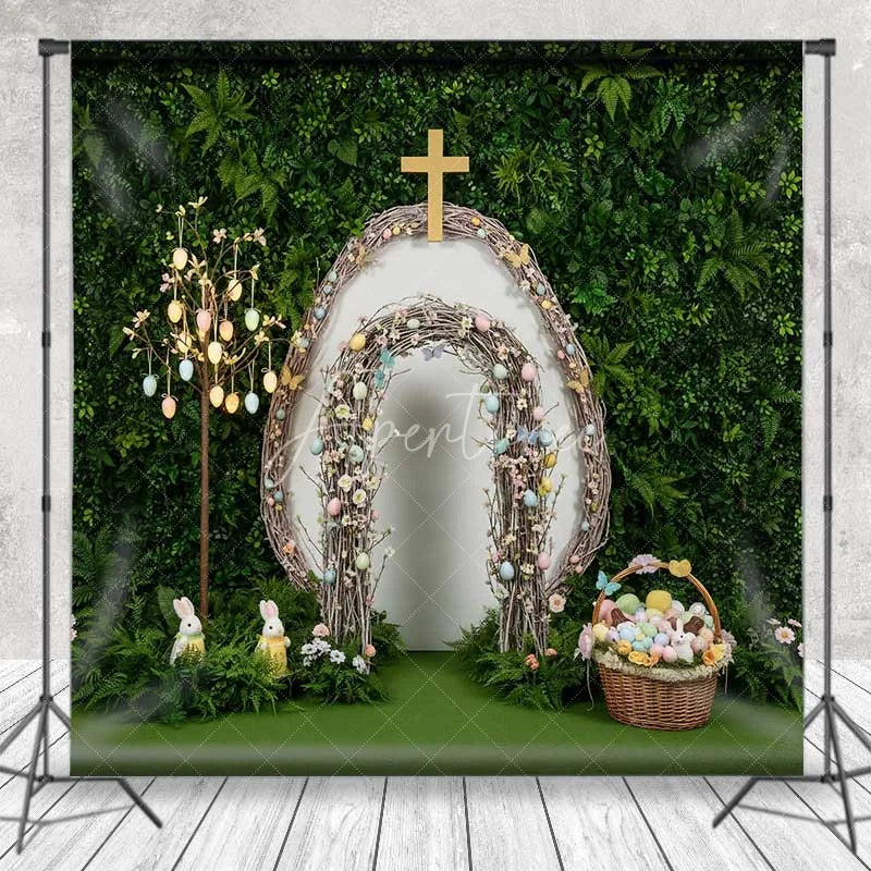 Aperturee - Aperturee Easter Resurrection Backdrop Cross Wooden Arch Greenery Background Spring Religious Christian Church Photography Prop