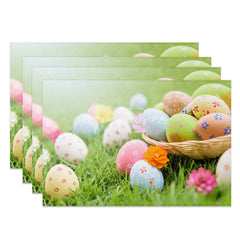 Aperturee - Aperturee Easter Set of 4 Placemats Basket of Painted Eggs Spring Green Grass Lawn Dining Table Mats