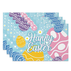 Aperturee - Aperturee Easter Set of 4 Placemats Blue Background Swirl Eggs Large Happy Easter Text Dining Table Mats