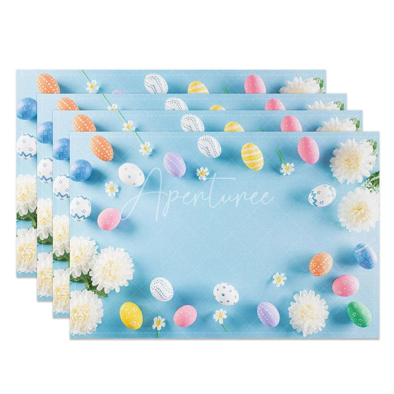 Aperturee - Aperturee Easter Set of 4 Placemats Blue Background White Flowers Pastel Eggs Border Spring Dining Table Mats