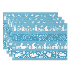 Aperturee - Aperturee Easter Set of 4 Placemats Blue Background White Silhouettes Bunny Egg Border Pattern Dining Table Mats