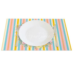 Aperturee - Aperturee Easter Set of 4 Placemats Blue Pink Vertical Stripes Bunny Egg Wreath Dining Table Mats