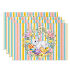 Aperturee - Aperturee Easter Set of 4 Placemats Blue Pink Vertical Stripes Bunny Egg Wreath Dining Table Mats