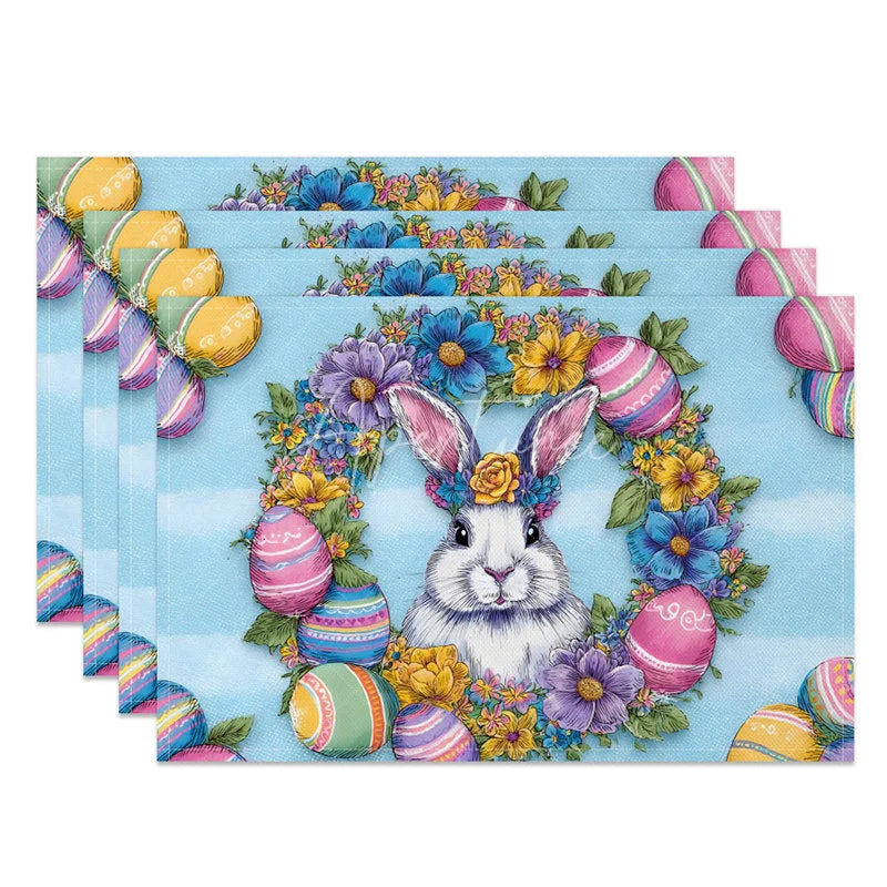 Aperturee - Aperturee Easter Set of 4 Placemats Blue Striped Floral Wreath Realistic White Rabbit Colorful Eggs Dining Table Mats