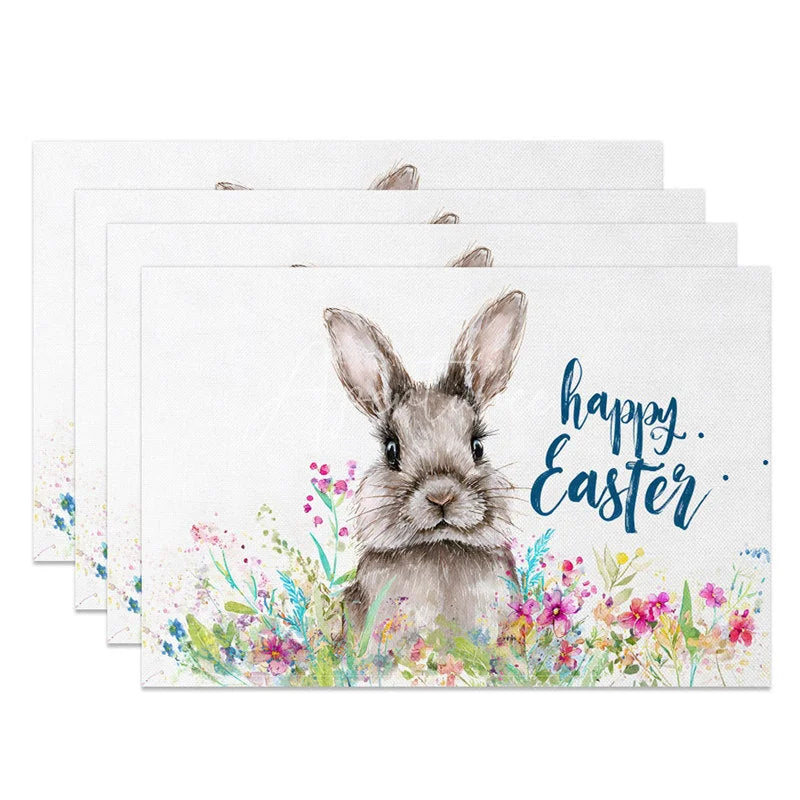 Aperturee - Aperturee Easter Set of 4 Placemats Brown Bunny Wildflowers Blue Happy Easter Text Dining Table Mats