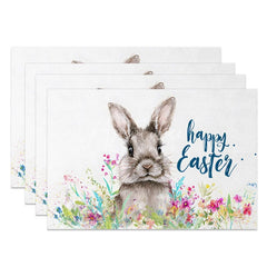 Aperturee - Aperturee Easter Set of 4 Placemats Brown Bunny Wildflowers Blue Happy Easter Text Dining Table Mats