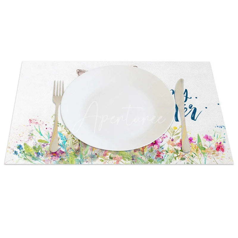 Aperturee - Aperturee Easter Set of 4 Placemats Brown Bunny Wildflowers Blue Happy Easter Text Dining Table Mats