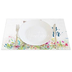Aperturee - Aperturee Easter Set of 4 Placemats Brown Bunny Wildflowers Blue Happy Easter Text Dining Table Mats