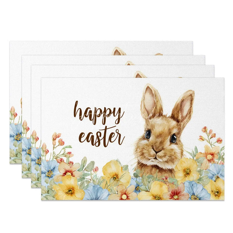 Aperturee - Aperturee Easter Set of 4 Placemats Brown Rabbit Yellow Flowers Happy Easter Spring Dining Table Mats
