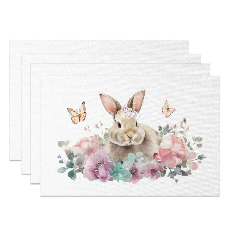 Aperturee - Aperturee Easter Set of 4 Placemats Bunny Flower Crown Pink Floral Butterfly Spring Dining Table Mats
