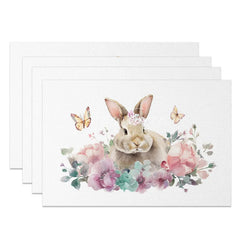 Aperturee - Aperturee Easter Set of 4 Placemats Bunny Flower Crown Pink Floral Butterfly Spring Dining Table Mats