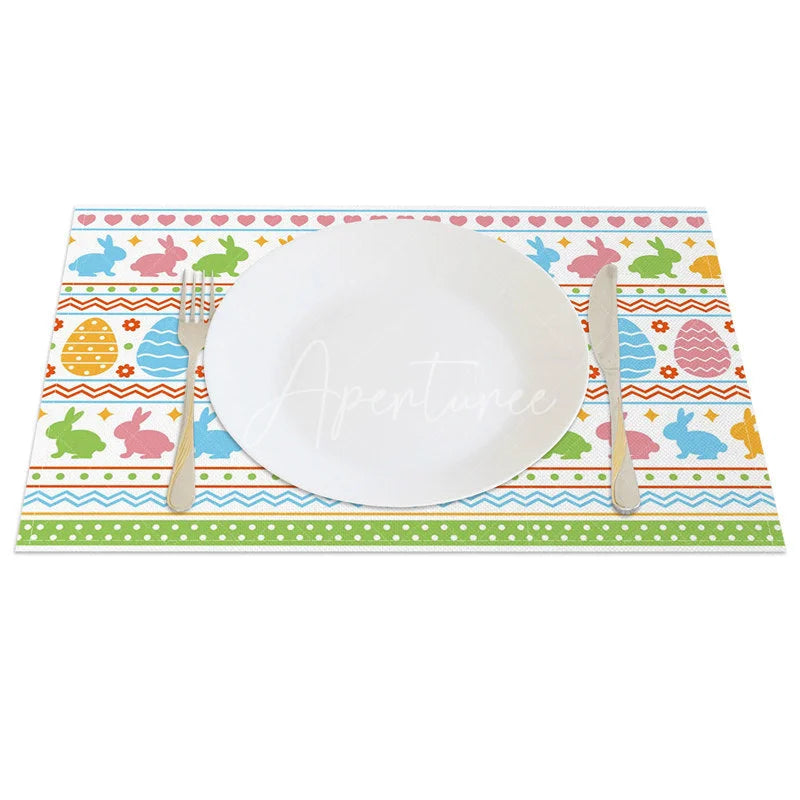 Aperturee - Aperturee Easter Set of 4 Placemats Colorful Bunny Egg Stripes Geometric Pattern Spring Dining Table Mats