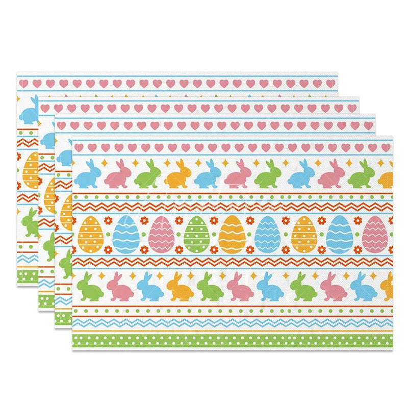 Aperturee - Aperturee Easter Set of 4 Placemats Colorful Bunny Egg Stripes Geometric Pattern Spring Dining Table Mats