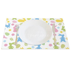 Aperturee - Aperturee Easter Set of 4 Placemats Colorful Bunny Silhouette Pattern Pastel Eggs White Background Dining Table Mats
