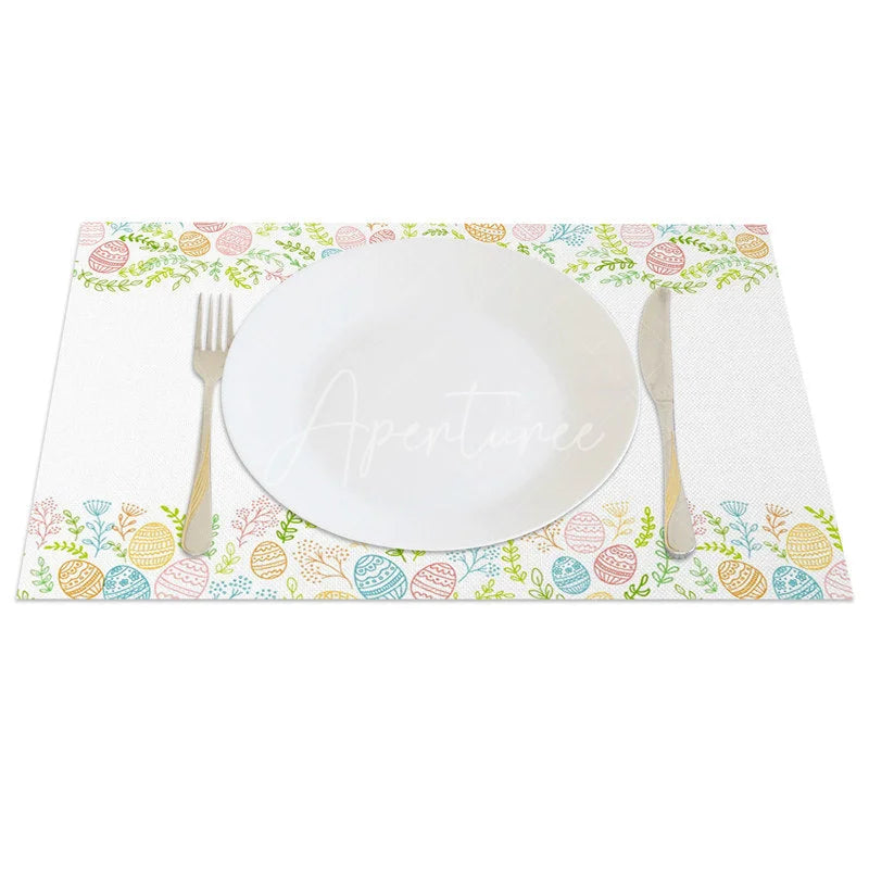 Aperturee - Aperturee Easter Set of 4 Placemats Colorful Doodle Egg Border Simple Happy Easter Calligraphy Dining Table Mats