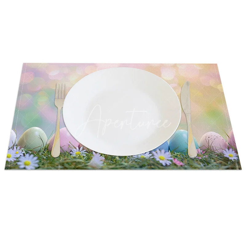 Aperturee - Aperturee Easter Set of 4 Placemats Colorful Eggs in Grass Dreamy Bokeh Spring Light Dining Table Mats