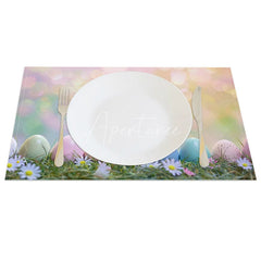 Aperturee - Aperturee Easter Set of 4 Placemats Colorful Eggs in Grass Dreamy Bokeh Spring Light Dining Table Mats