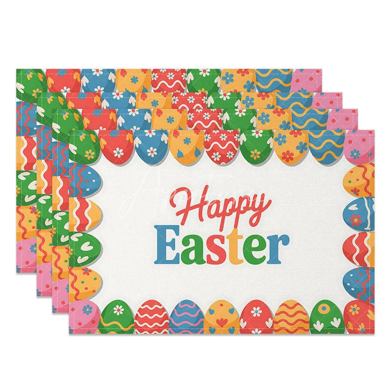 Aperturee - Aperturee Easter Set of 4 Placemats Colorful Patterned Egg Border Happy Easter White Center Dining Table Mats