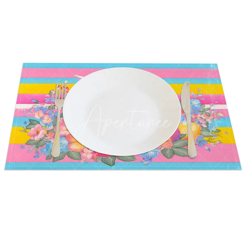 Aperturee - Aperturee Easter Set of 4 Placemats Colorful Stripes White Rabbit Floral Wreath Dining Table Mats