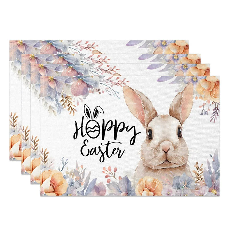 Aperturee - Aperturee Easter Set of 4 Placemats Cute Bunny Face Close Up Hoppy Easter Floral Dining Table Mats