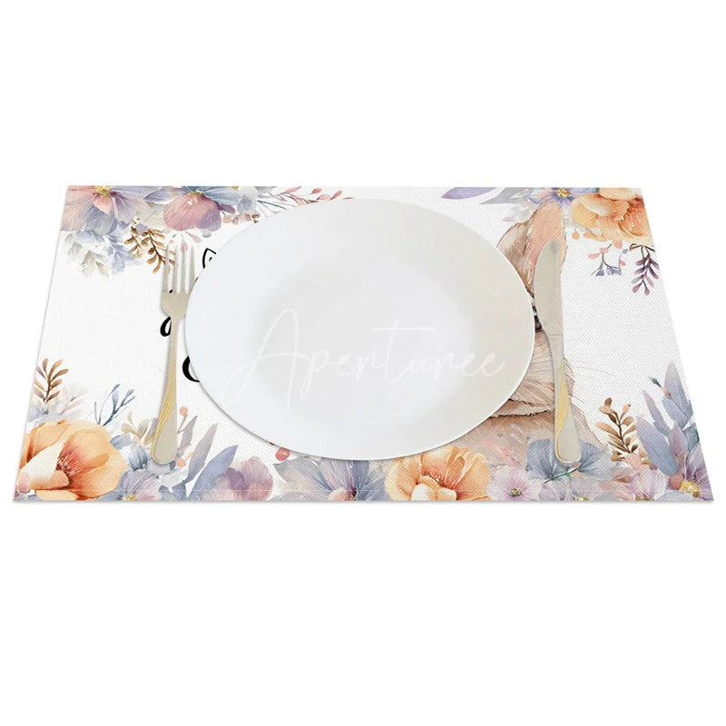 Aperturee - Aperturee Easter Set of 4 Placemats Cute Bunny Face Close Up Hoppy Easter Floral Dining Table Mats