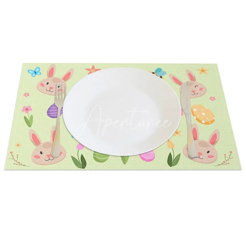 Aperturee - Aperturee Easter Set of 4 Placemats Cute Bunny Faces and Bees Happy Easter Green Spring Dining Table Mats