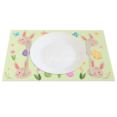 Aperturee - Aperturee Easter Set of 4 Placemats Cute Bunny Faces and Bees Happy Easter Green Spring Dining Table Mats