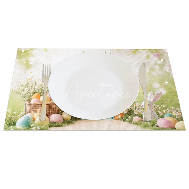 Aperturee - Aperturee Easter Set of 4 Placemats Fantasy Carrot House White Bunny Basket Eggs Garden Dining Table Mats