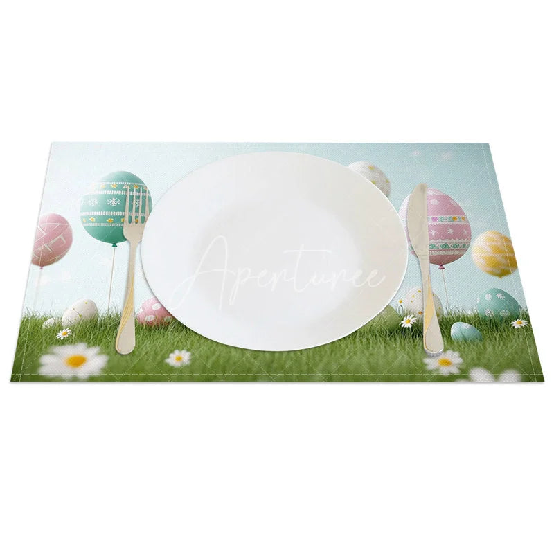 Aperturee - Aperturee Easter Set of 4 Placemats Floating Egg Balloons Blue Sky Grass Spring Dining Table Mats