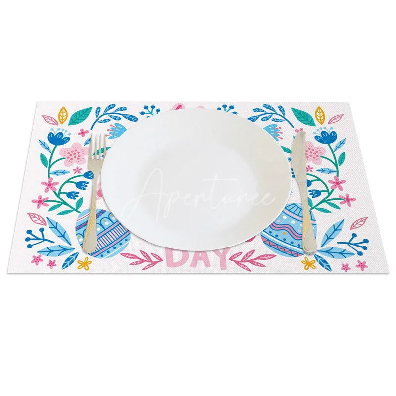 Aperturee - Aperturee Easter Set of 4 Placemats Floral Bunny Face Wreath Spring Happy Easter Day Dining Table Mats