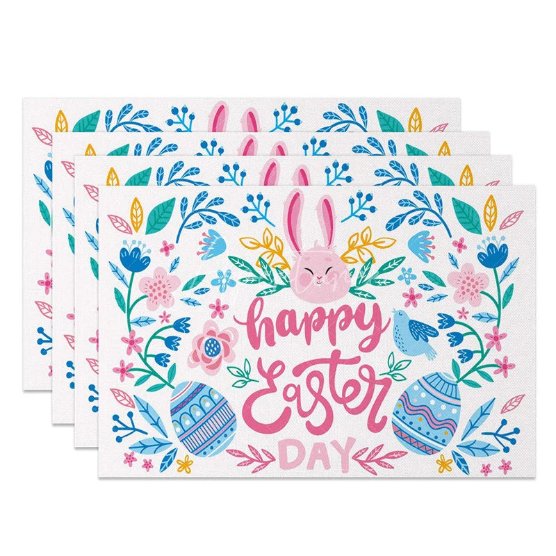 Aperturee - Aperturee Easter Set of 4 Placemats Floral Bunny Face Wreath Spring Happy Easter Day Dining Table Mats