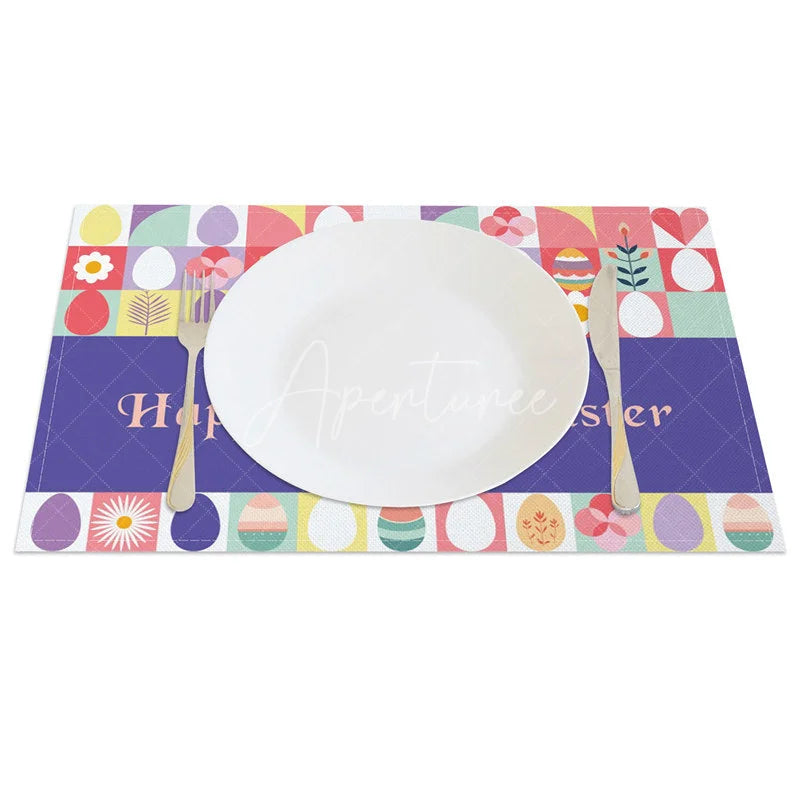 Aperturee - Aperturee Easter Set of 4 Placemats Geometric Modern Art Eggs Purple Happy Easter Bunny Dining Table Mats