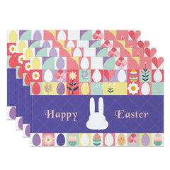Aperturee - Aperturee Easter Set of 4 Placemats Geometric Modern Art Eggs Purple Happy Easter Bunny Dining Table Mats