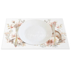 Aperturee - Aperturee Easter Set of 4 Placemats Gold Hexagon Geometric Frame Pink Floral Bunny Dining Table Mats